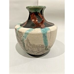VTG Raku Vase 5" – Turquoise Copper Luster Crackle Glaze Studio Art‎ | Signed